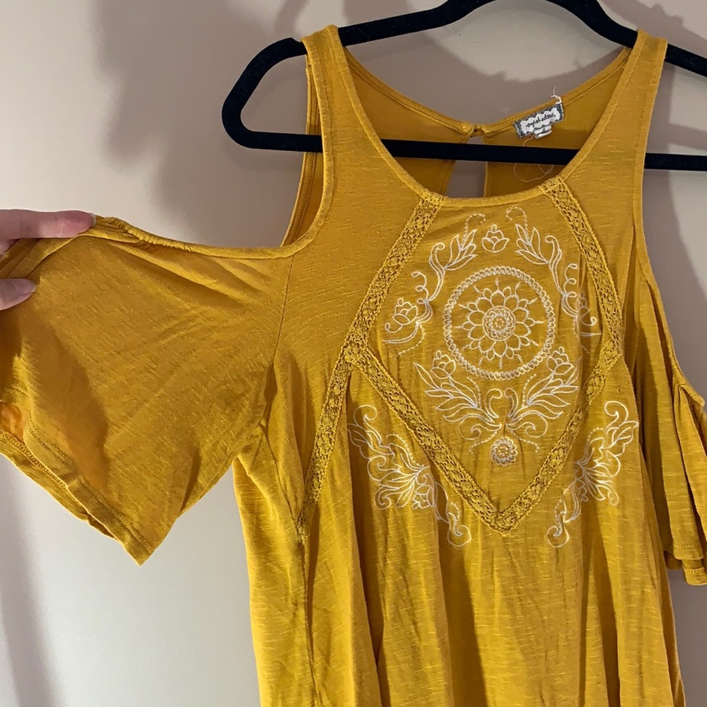 Yellow high low cold shoulder shirt